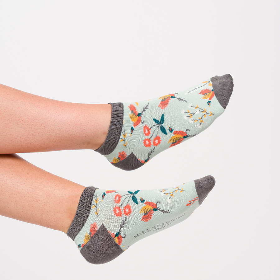 Pheasants & Flowers Trainer Socks Duck Egg-0 Pheasants & Flowers Trainer Socks Duck Egg-0