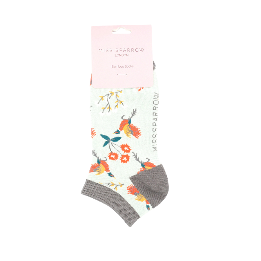 Pheasants & Flowers Trainer Socks Duck Egg-5195 Pheasants & Flowers Trainer Socks Duck Egg-5195