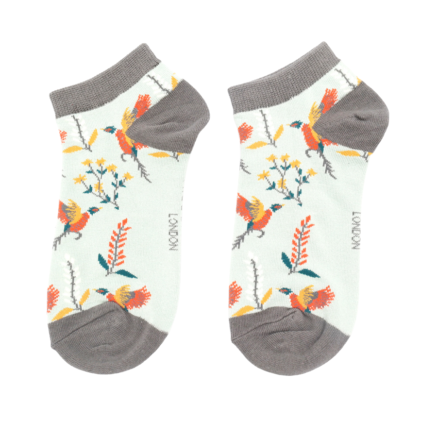 Pheasants & Flowers Trainer Socks Duck Egg-5194 Pheasants & Flowers Trainer Socks Duck Egg-5194