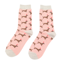 Sausage Dog Santa Socks Dusky Pink-0