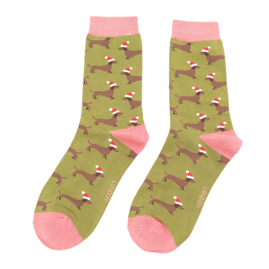 Sausage Dog Santa Socks Olive-0 Sausage Dog Santa Socks Olive-0